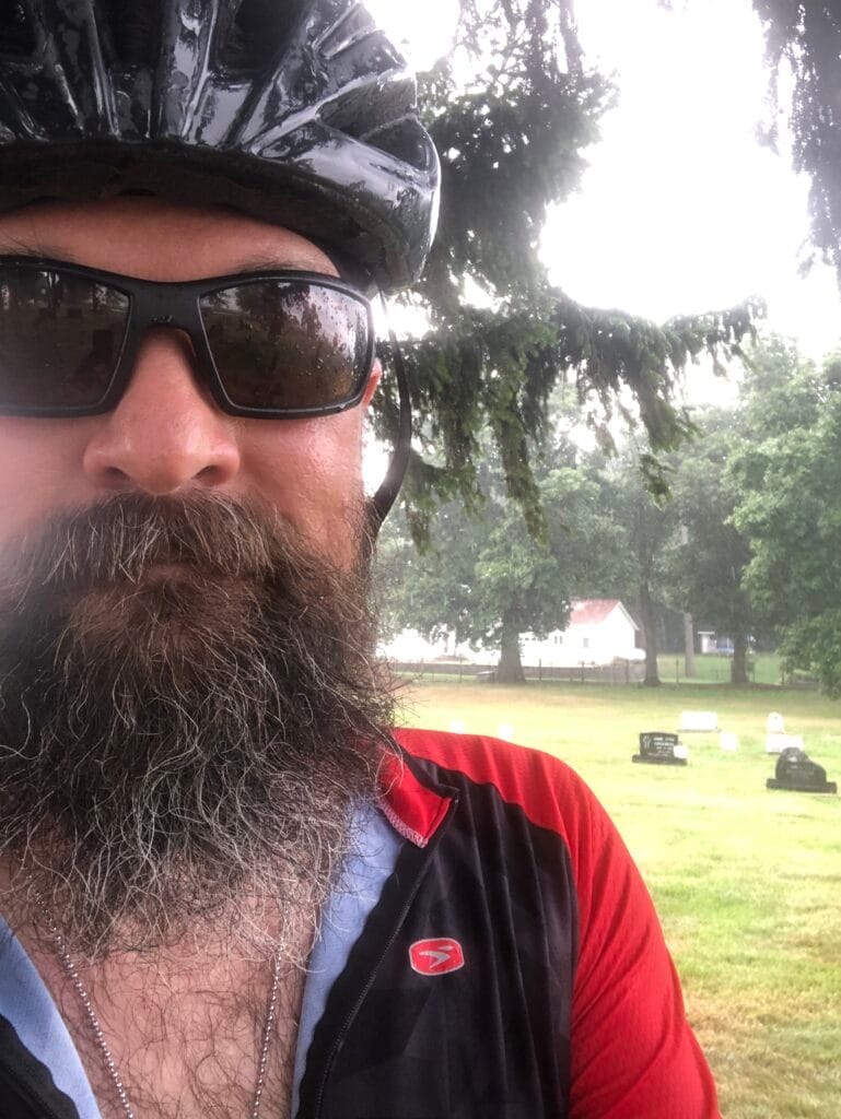 Cyclist selfie at mile 76 of a century ride in the pouring rain, Indiana